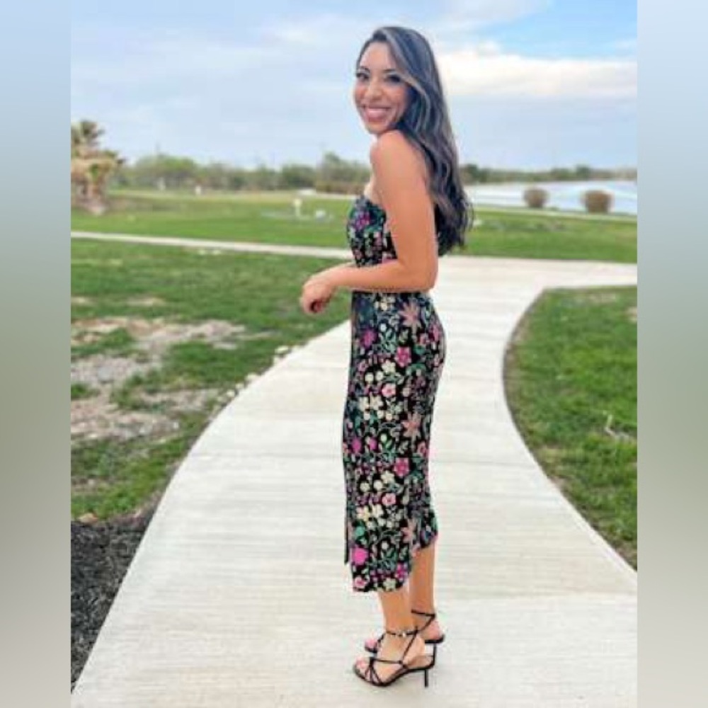 Lulu's Floral Strapless Midi Dress - Black and Pink - Picture 9 of 11